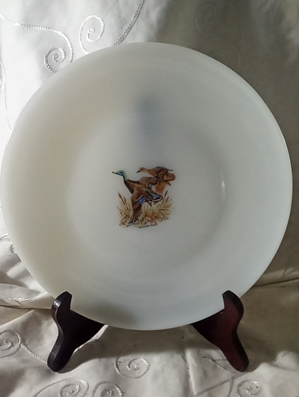 White Decorative Mallard  Duck Motif  Fire King Oven Proof